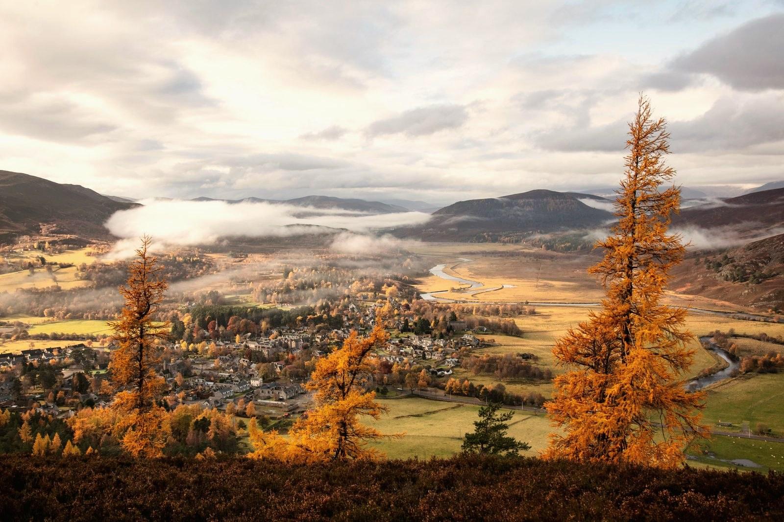 Braemar village in autumn, seen from the hillside